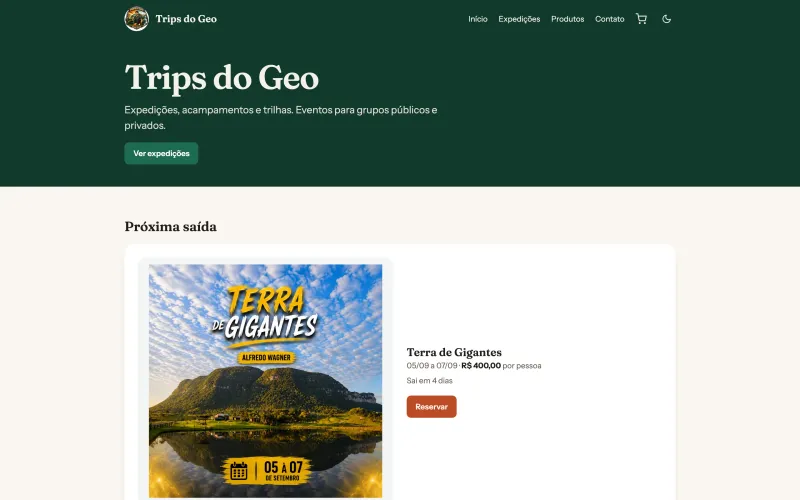 Trips do Geo homepage showing the next departure, remaining days and price per person.