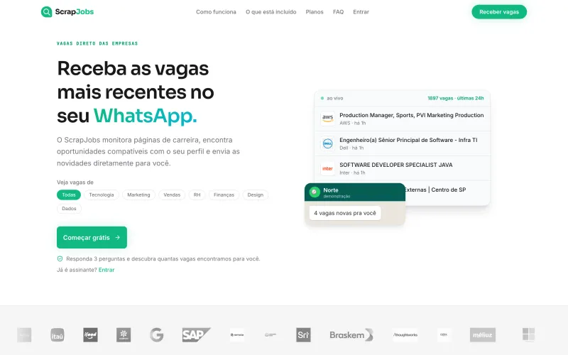 ScrapJobs landing page: the product sends matching job openings to WhatsApp, with a live feed of recent postings from companies it monitors.
